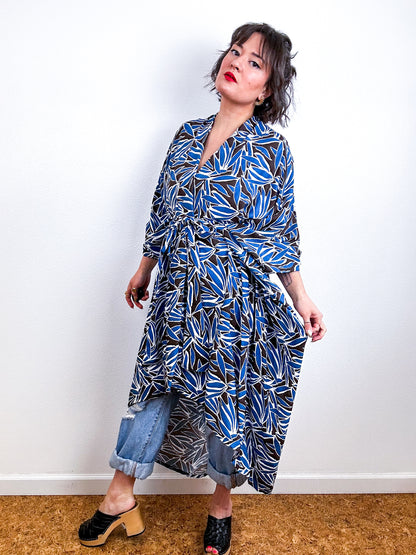 Print High Low Kimono Brown Blue Bamboo Challis