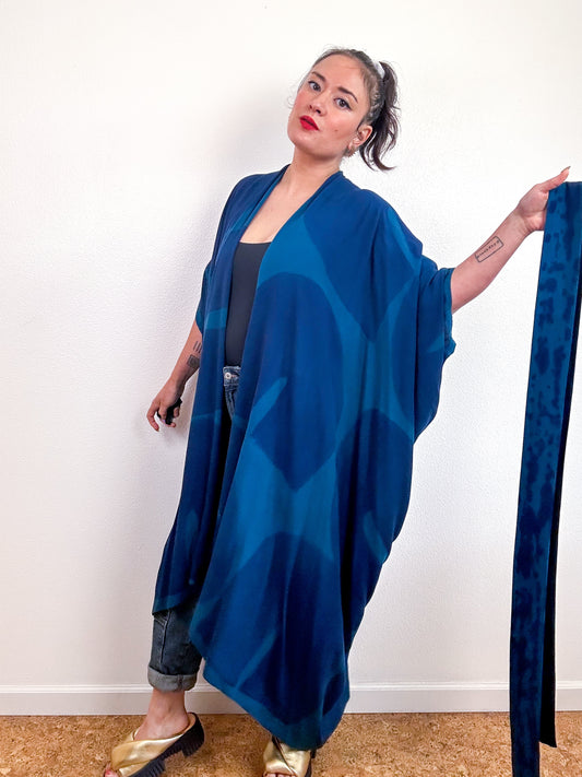 Hand-Dyed High Low Kimono Teal Indigo Arc
