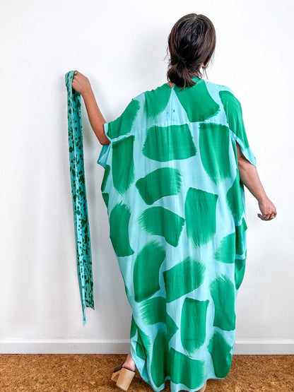 Hand-Dyed High Low Kimono Aqua Green Brush