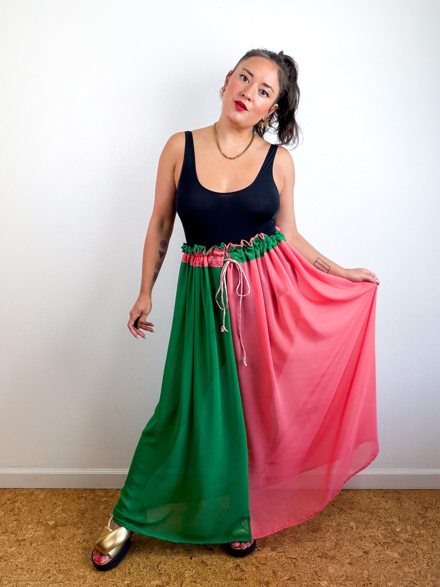 THE SKIRT Coral Green Reversible Chiffon