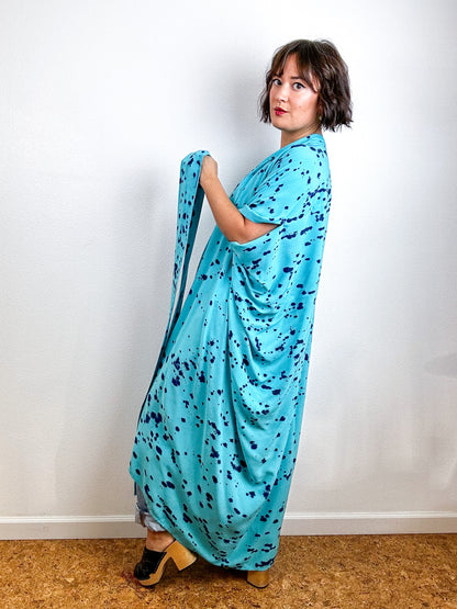 Hand-Dyed High Low Kimono Aqua Indigo Speckle
