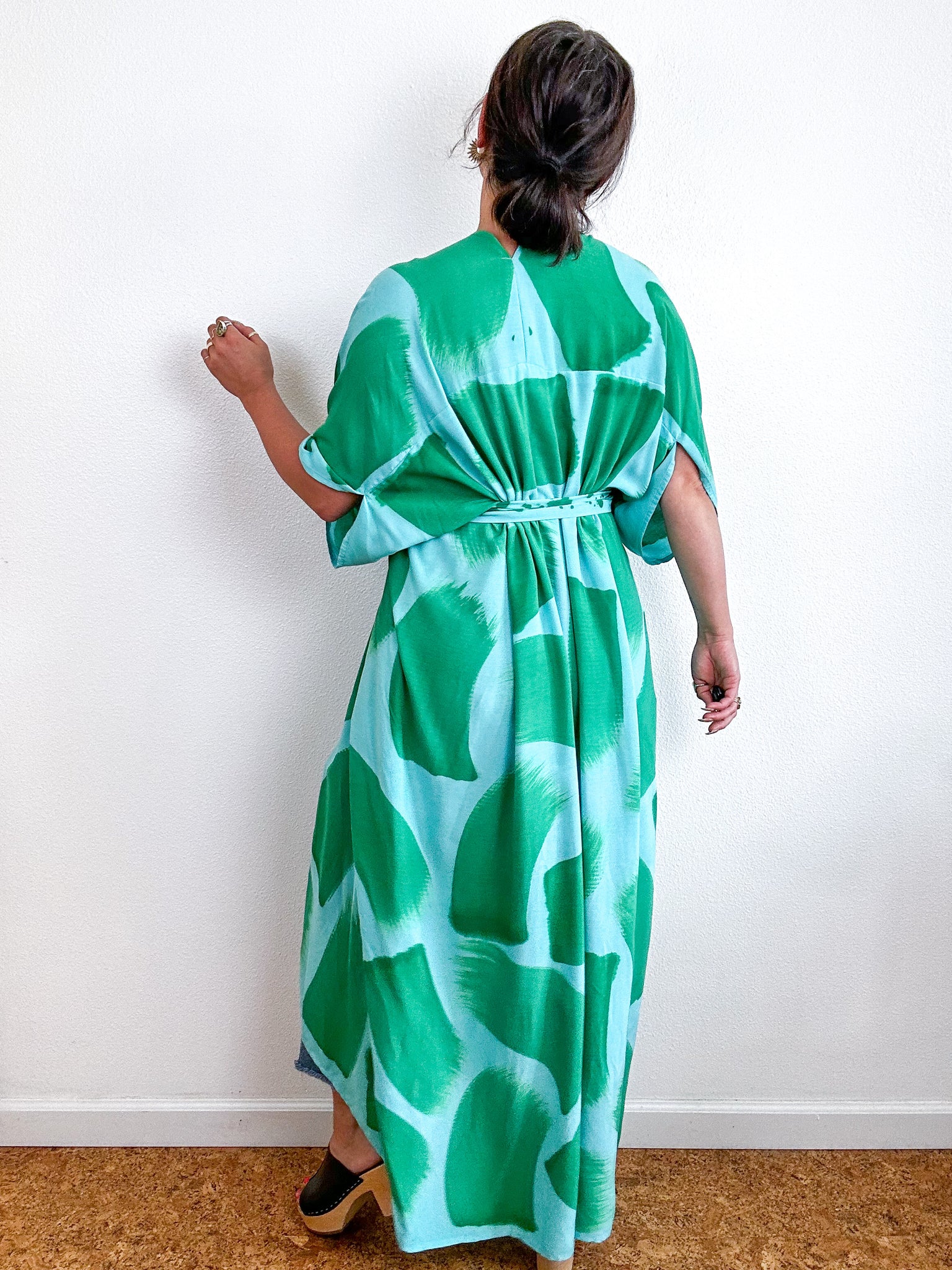 Hand-Dyed High Low Kimono Aqua Green Brush