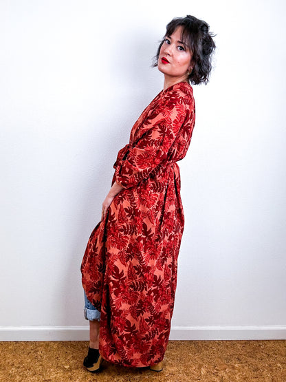 Print High Low Kimono Rust Leaves Challis