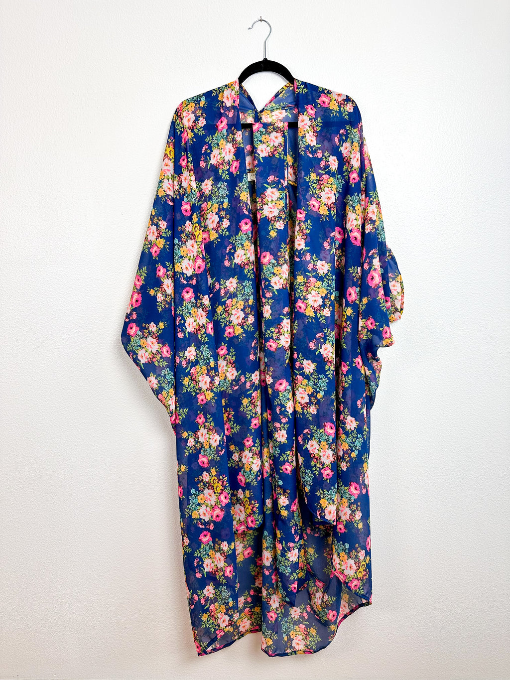 Print High Low Kimono Navy Pink Vintage Floral Chiffon