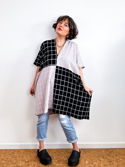 Oversized Windowpane Seersucker Smock Dress Black Rose