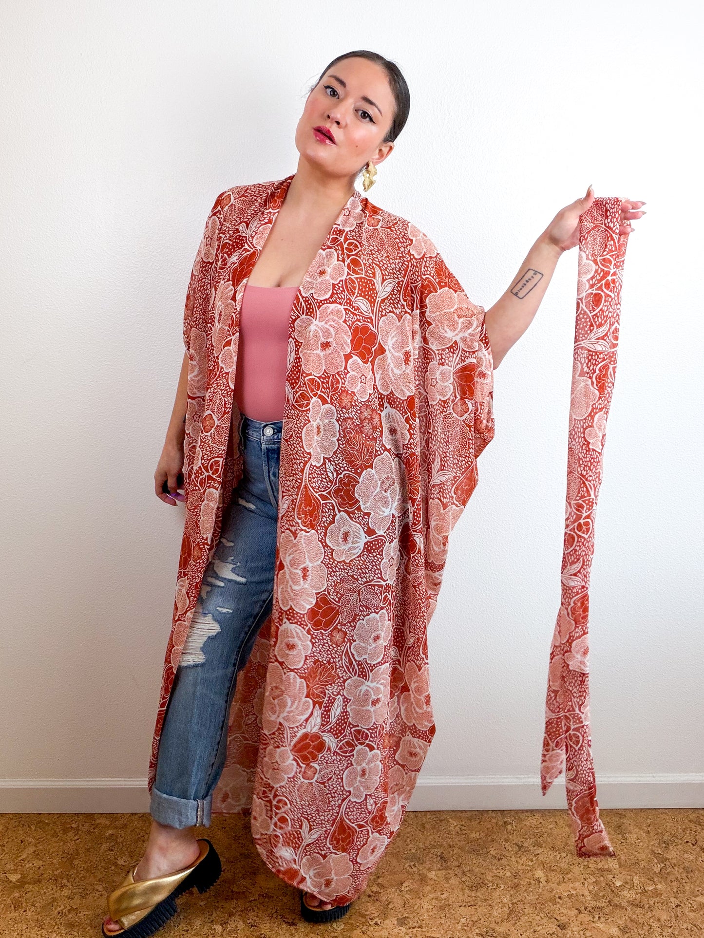 Print High Low Kimono Rust Floral Chiffon