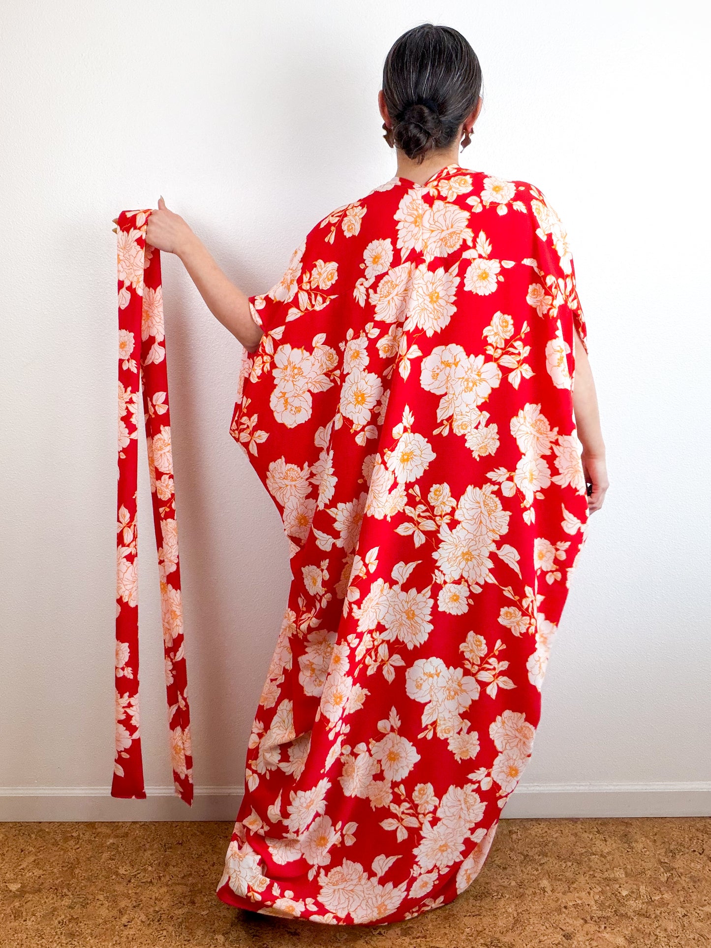 Print High Low Kimono Red Yellow Floral Bubble Crepe