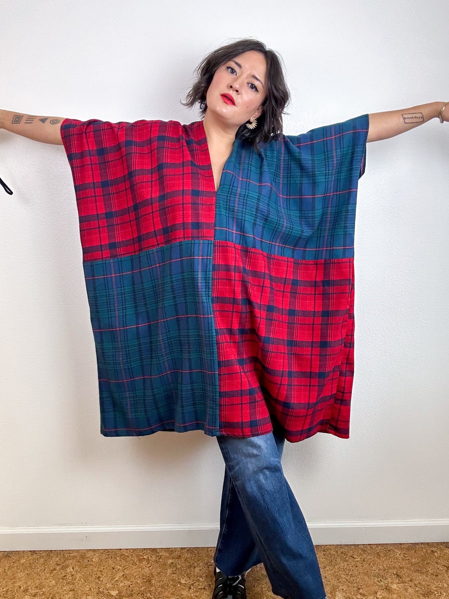 Oversized Patchwork Plaid Smock Dress Teal Red