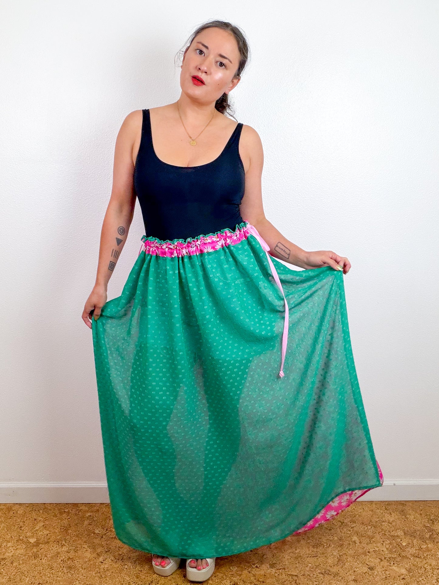 THE SKIRT Light Pink Daisy Green Swiss Dot Reversible Chiffon