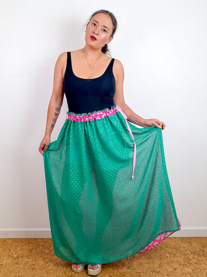 THE SKIRT Light Pink Daisy Green Swiss Dot Reversible Chiffon