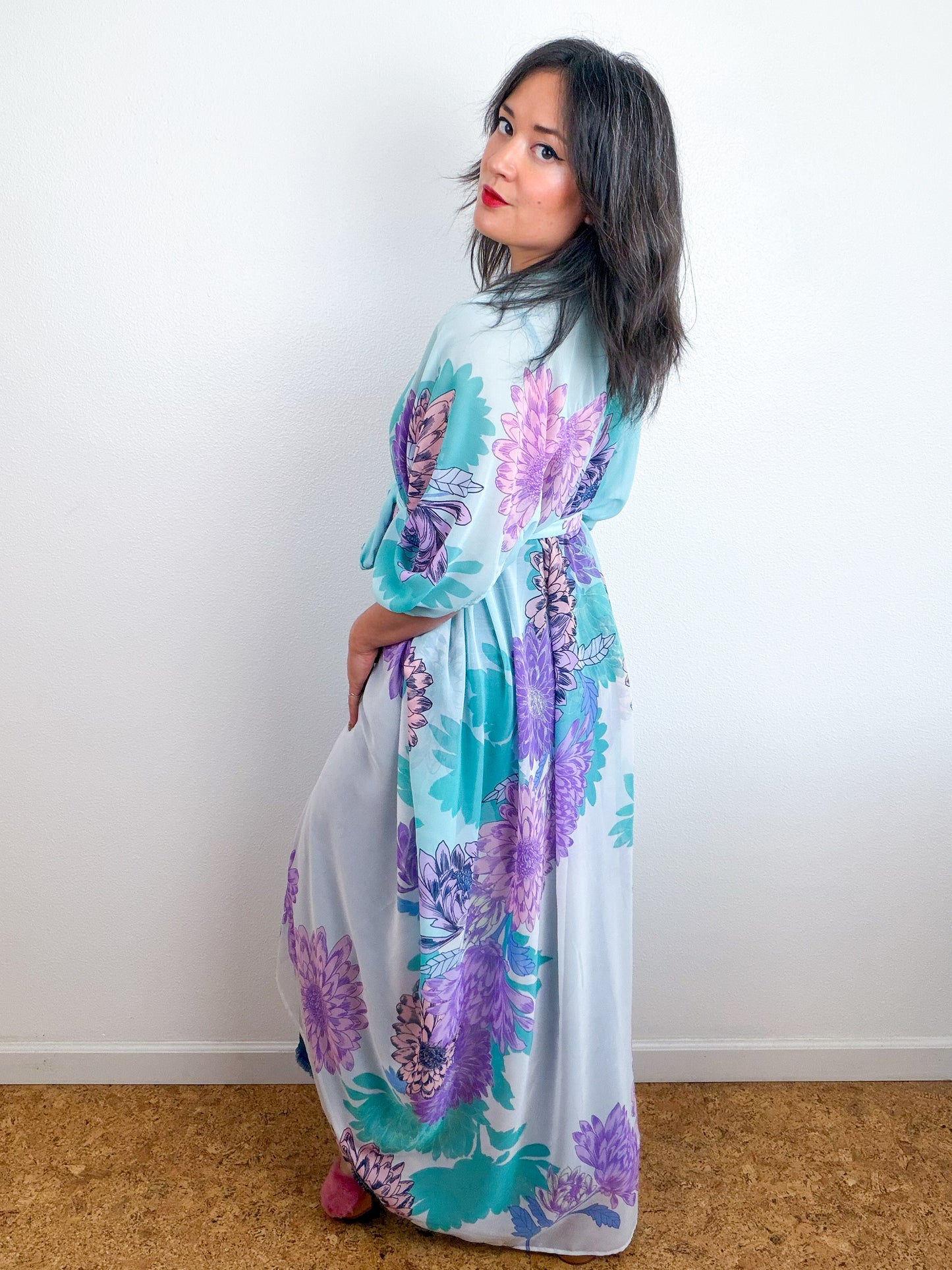 Print High Low Kimono Aqua Lavender Dhalia Chiffon