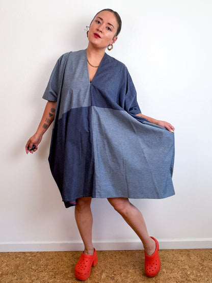 Cotton Chambray Caftan Dress Dark Denim Color Block