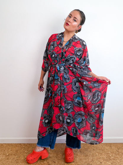 Print High Low Kimono Red Poppy Chiffon