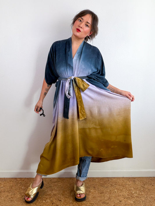 Hand-Dyed High Low Kimono Raven Wisteria Bronze Gradient