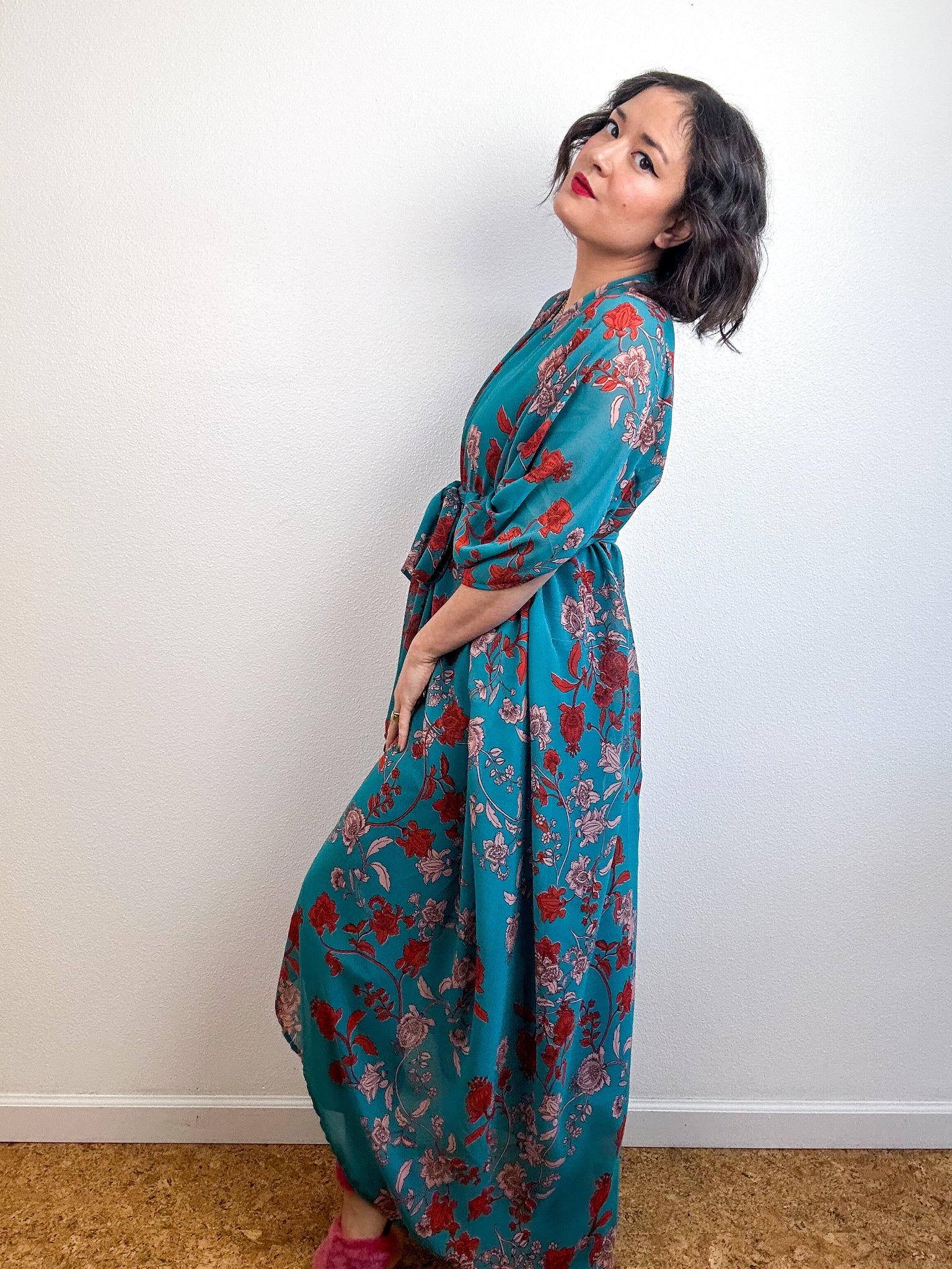 Print High Low Kimono Teal Paisley Chiffon