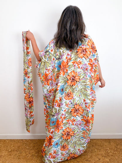 Print High Low Kimono Fall Painterly Floral Bubble Crepe