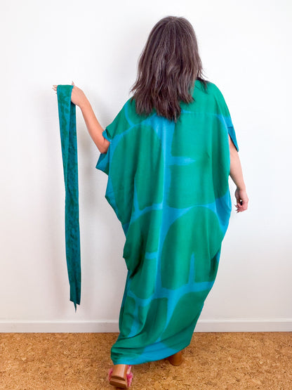 Hand-Dyed High Low Kimono Turquoise Green Arc