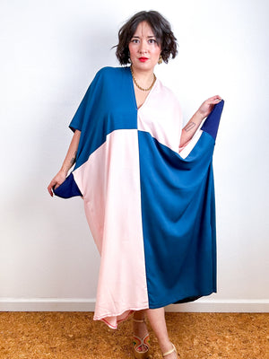 Color Block Midi Caftan Dress Teal Blush