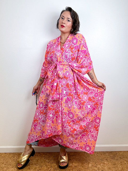 High Low Kimono Pink Orange Floral Dots Bubble Crepe