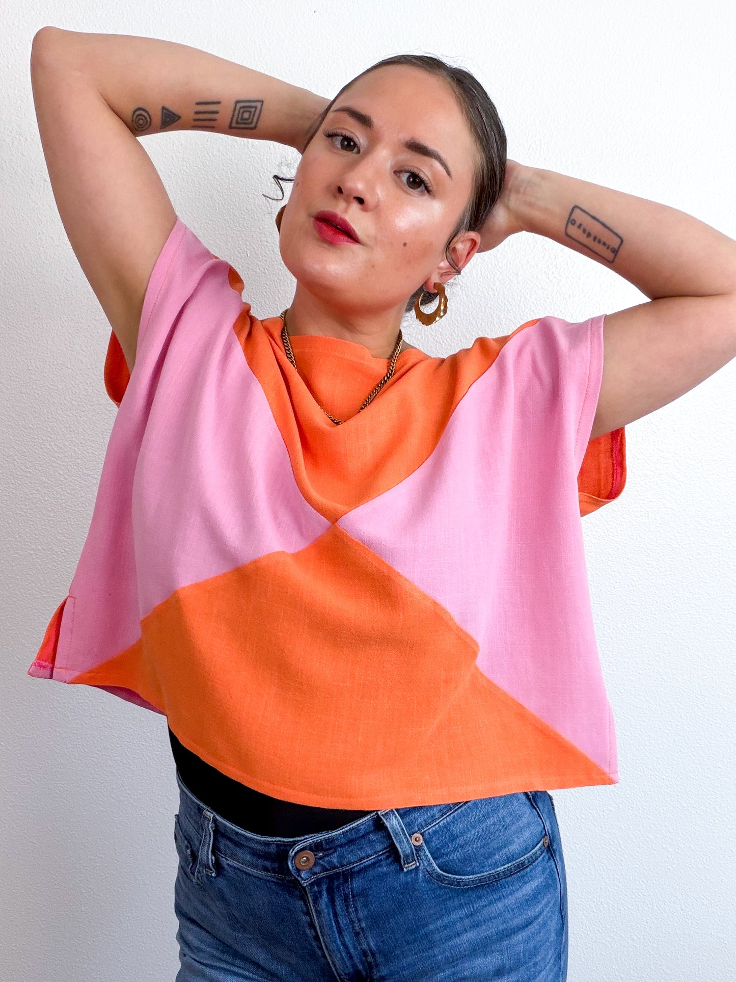 Linen Blend Flip Crop Pink Orange