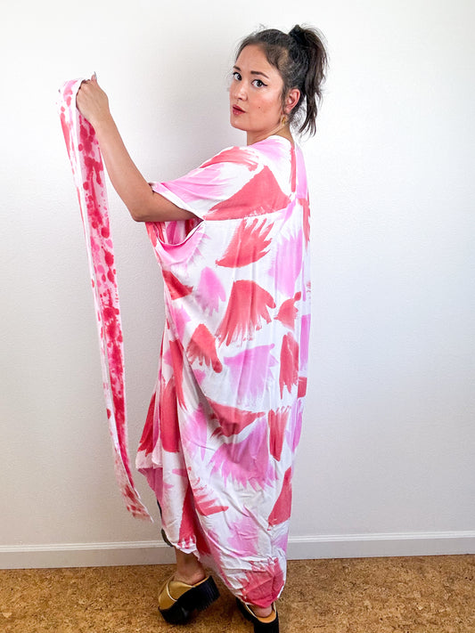 Hand-Dyed High Low Kimono Pink Scarlet Palms