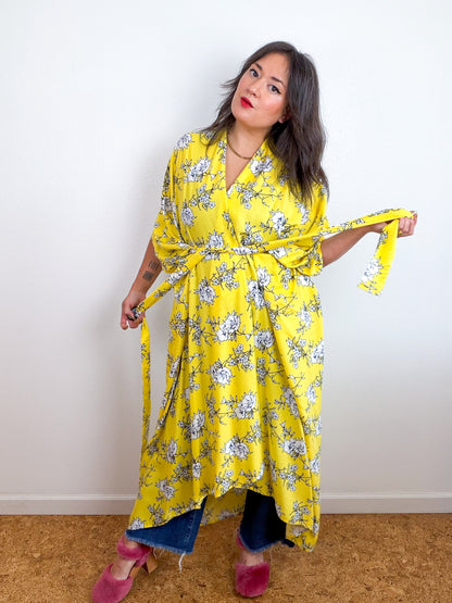 Print High Low Kimono Lemon Yellow Floral Challis