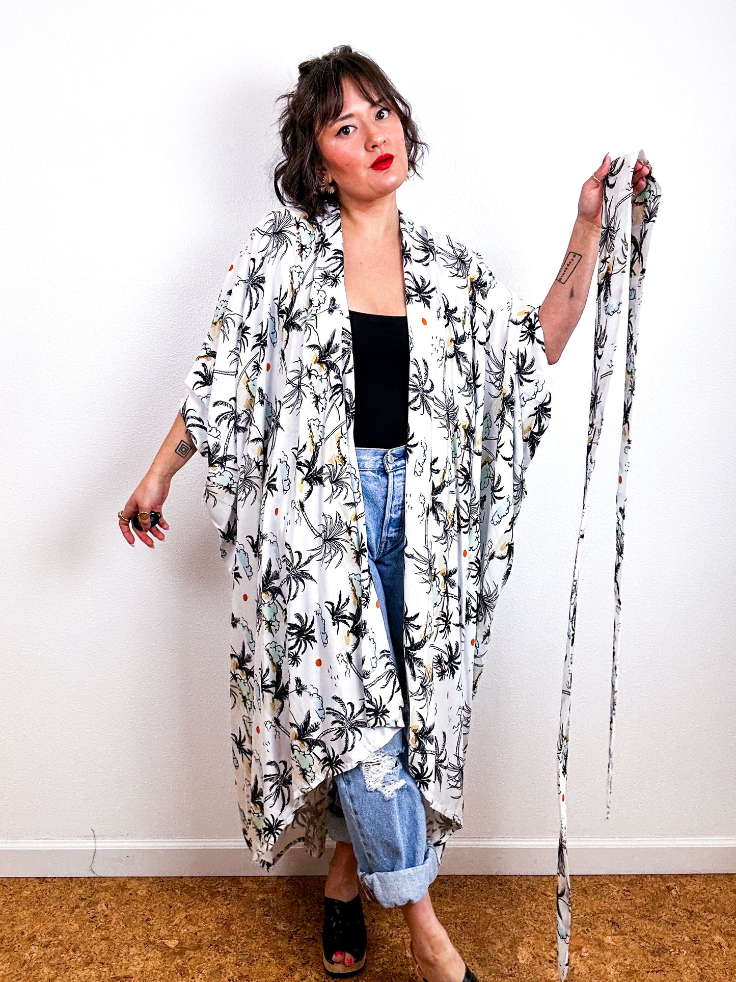 Print High Low Kimono White Palms Challis
