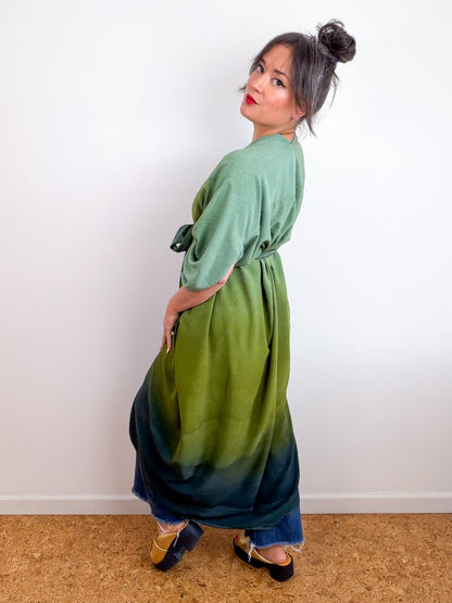 Hand-Dyed High Low Kimono Sage Moss Charcoal Gradient