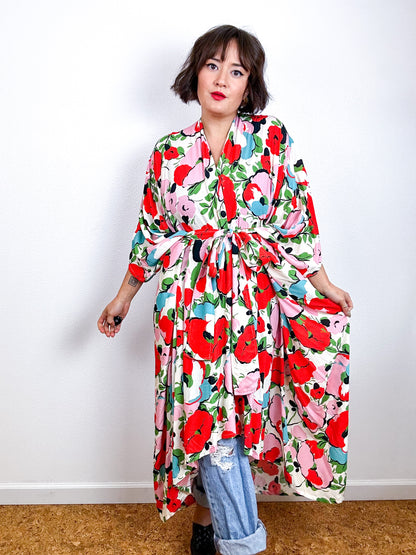 Print High Low Kimono Pink Red Floral Challis
