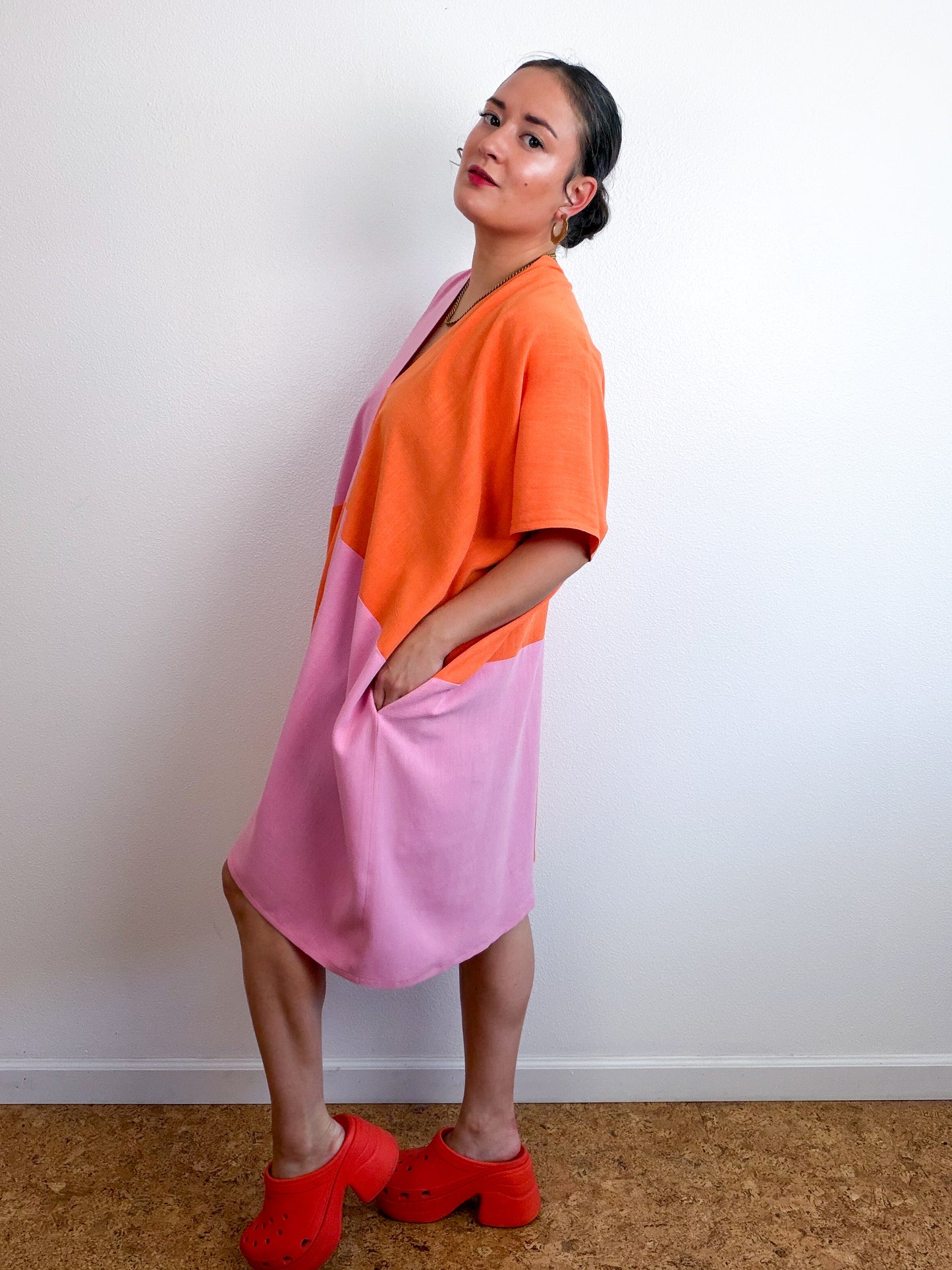 Linen Blend Caftan Dress Pink Orange Color Block
