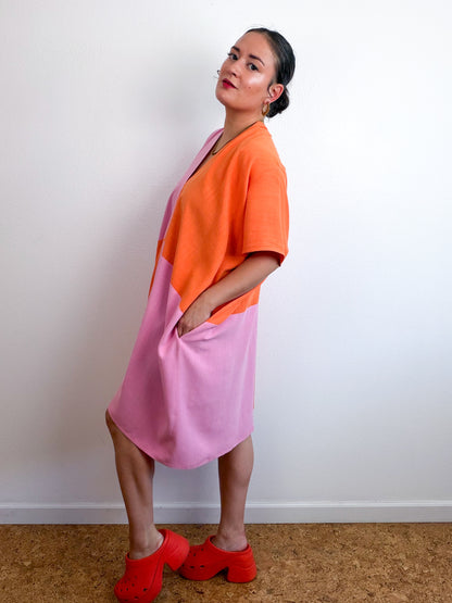 Linen Blend Caftan Dress Pink Orange Color Block