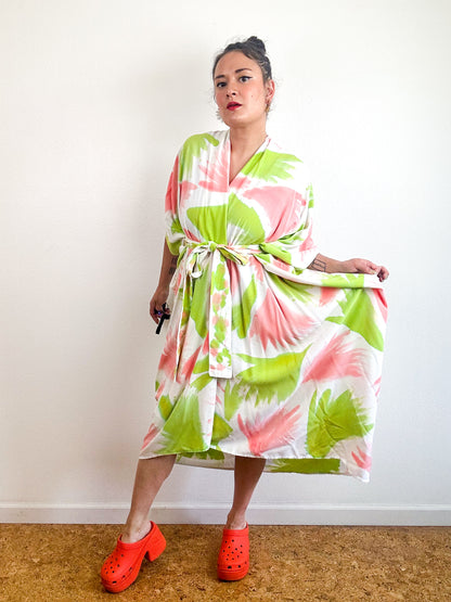 Hand-Dyed High Low Kimono Lime Peach Painterly