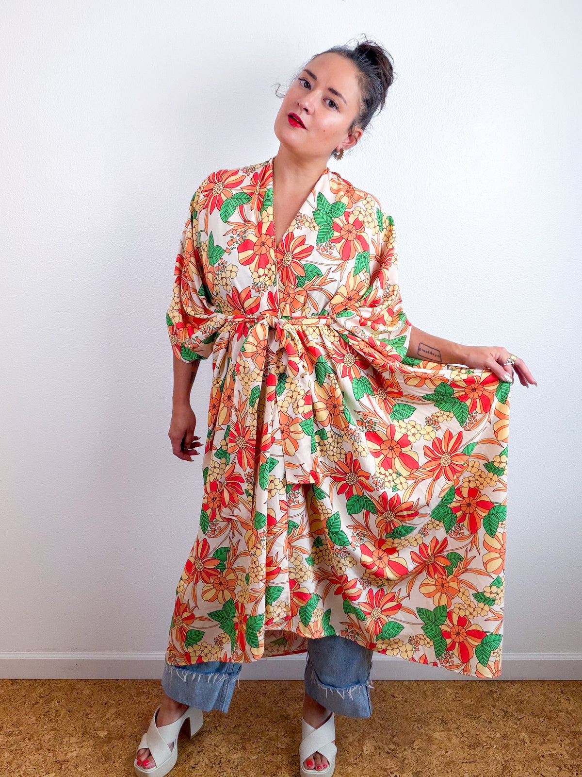 Print High Low Kimono Peach Floral Challis