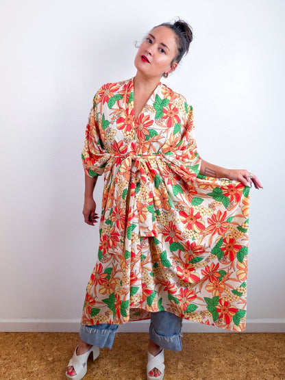 Print High Low Kimono Peach Floral Challis