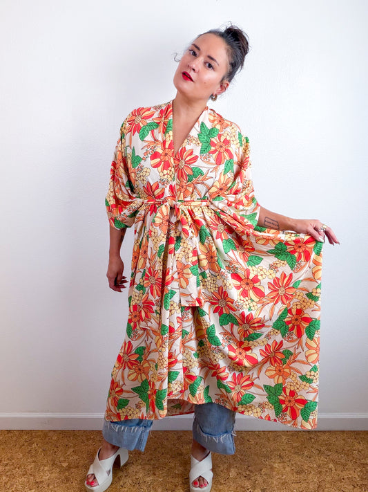 Print High Low Kimono Peach Floral Challis