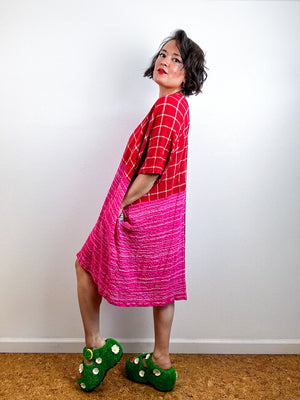 Oversized Windowpane Seersucker Smock Dress Pink Red