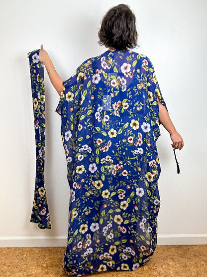 Print High Low Kimono Navy Wildflower Floral Chiffon