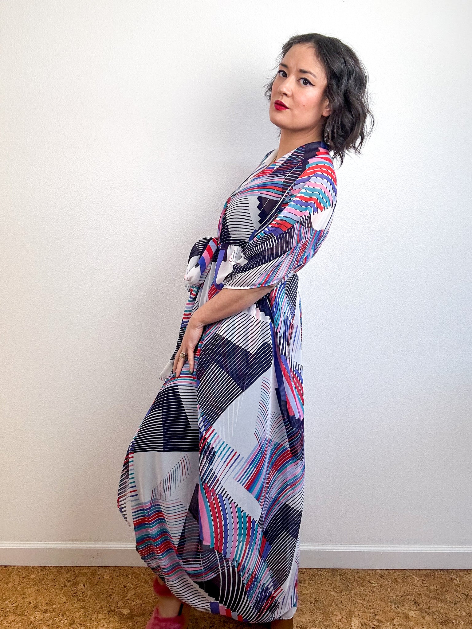 Print High Low Kimono Purple Geo Lines Chiffon