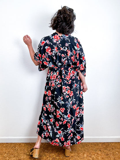 Print High Low Kimono Black Red Floral Challis