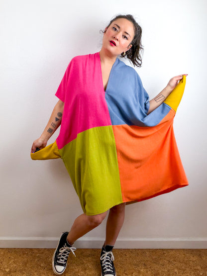 Linen Blend Caftan Dress Fuchsia Blue Chartreuse Orange Color Block