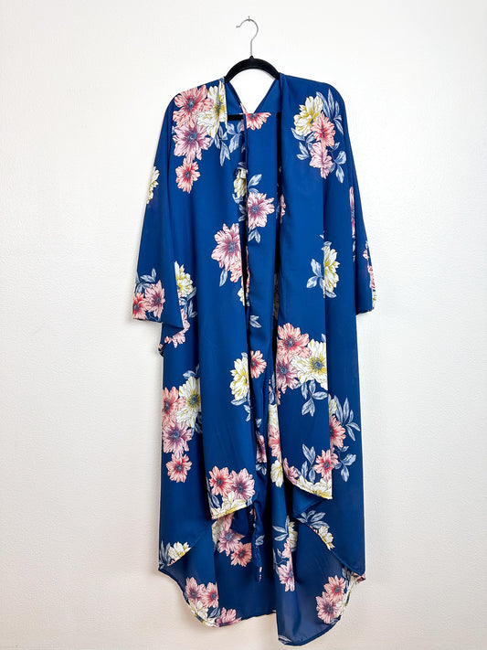 Print High Low Kimono Navy Floral Georgette