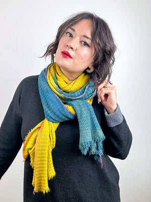 Hand-Dyed Two Tone Knit Scarf Teal Goldenrod