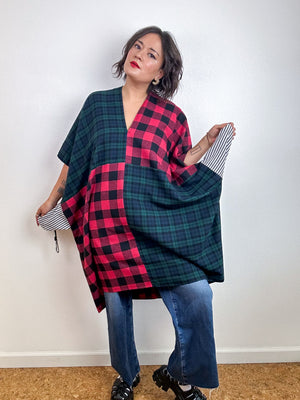 Oversized Patchwork Plaid Smock Dress Forest Red