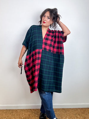 Oversized Patchwork Plaid Smock Dress Forest Red