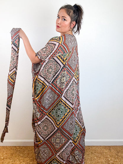 Print High Low Kimono Earthy Patchwork Crinkle Challis