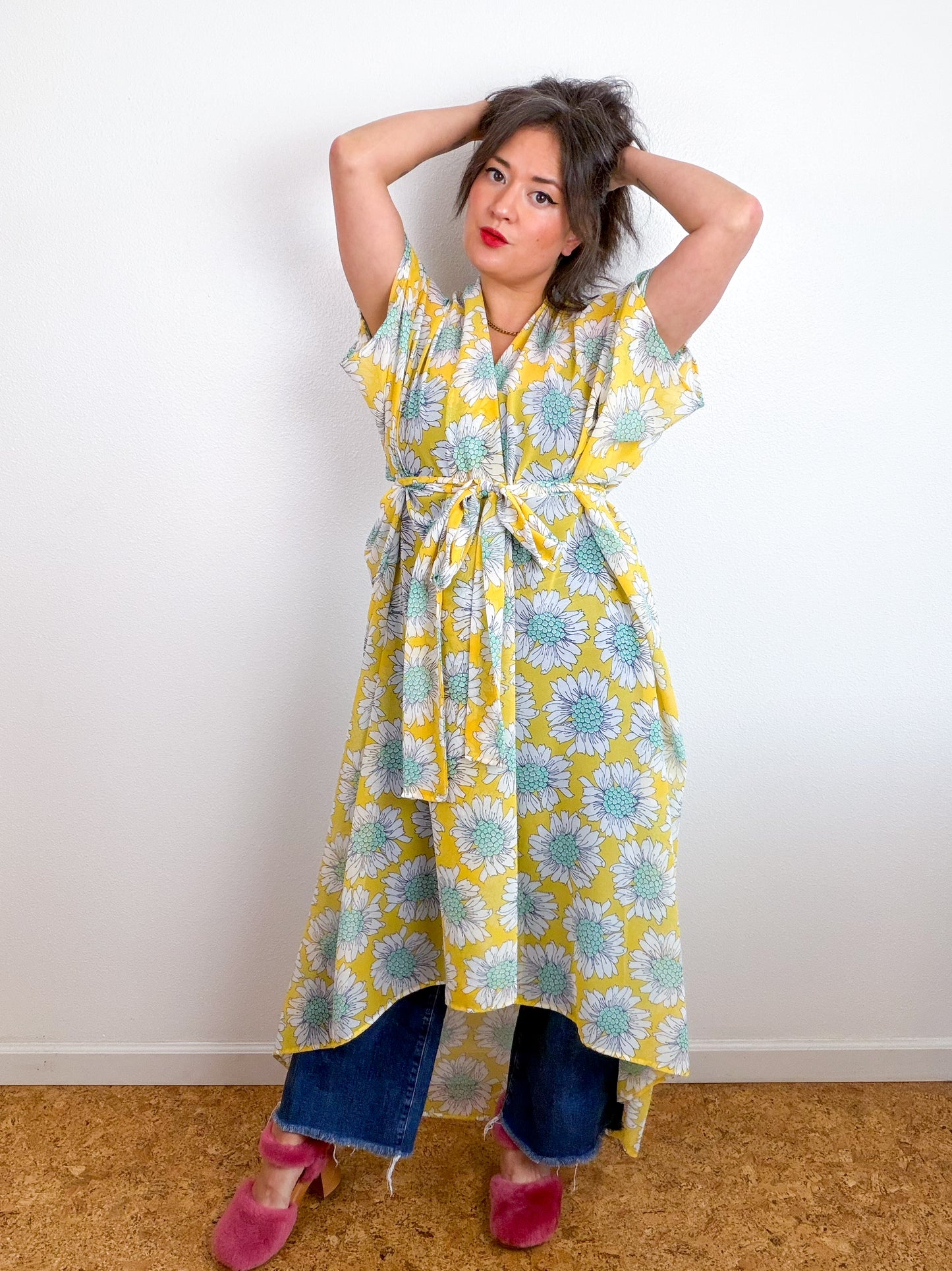 Print High Low Kimono Yellow Daisy Chiffon