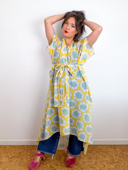 Print High Low Kimono Yellow Daisy Chiffon