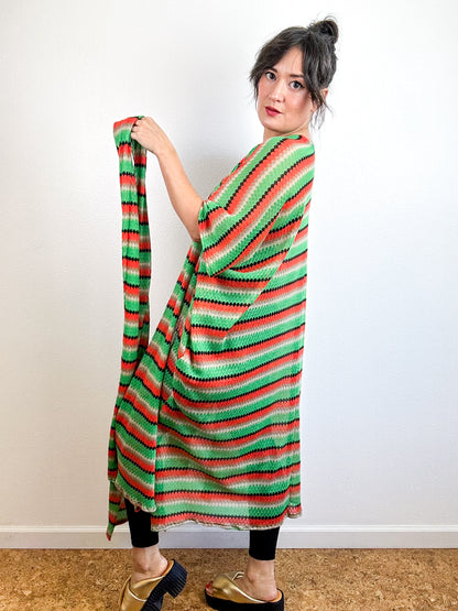 Print Duster Kimono Green Orange Stripe Crochet Knit