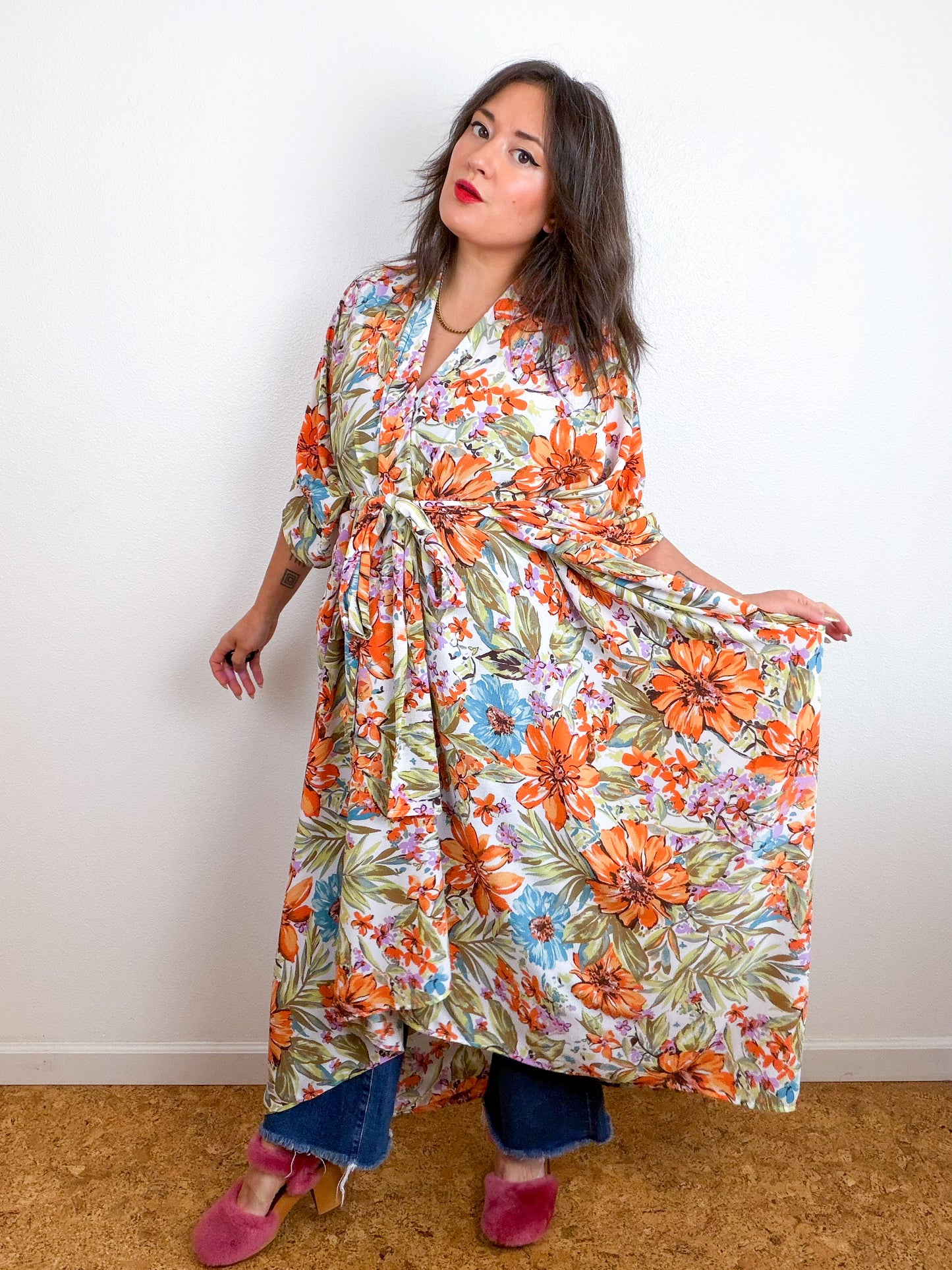 Print High Low Kimono Fall Painterly Floral Bubble Crepe