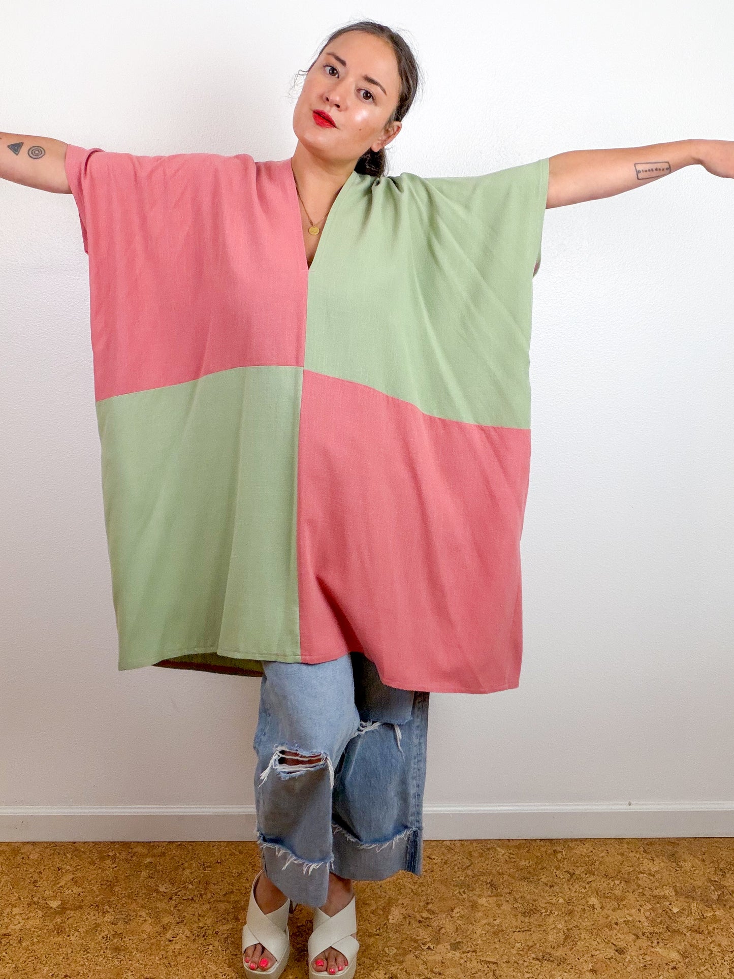 Linen Blend Caftan Dress Mauve Sage Color Block